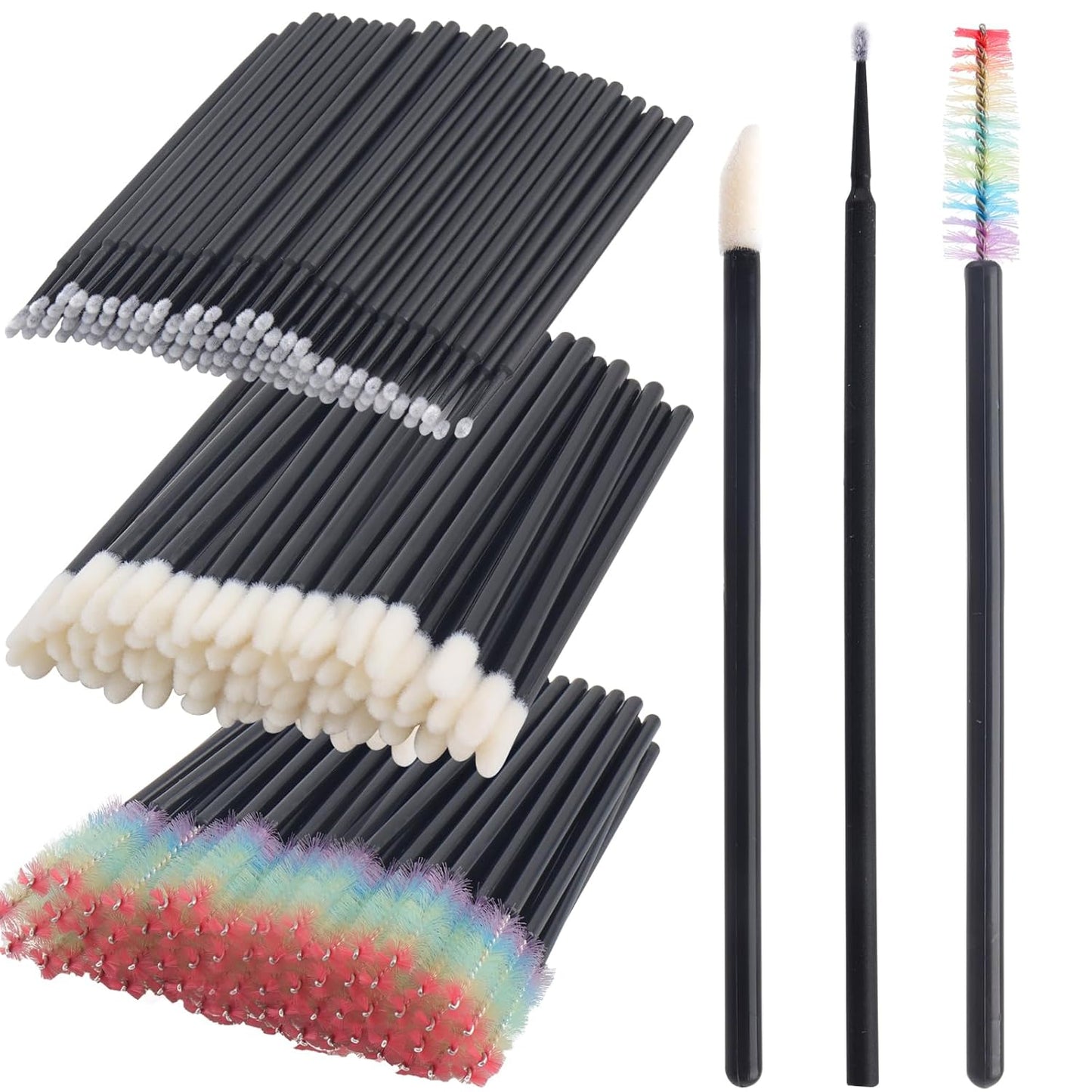 300 PCS Eyelash Extension Supplies Kit, Disposable Lash Spoolies Brushes Micro Swab Brushes Mascara Wand Lip Brushes for Eyelash Extension Tattoo Lipstick Applicator（Black Rainbow）