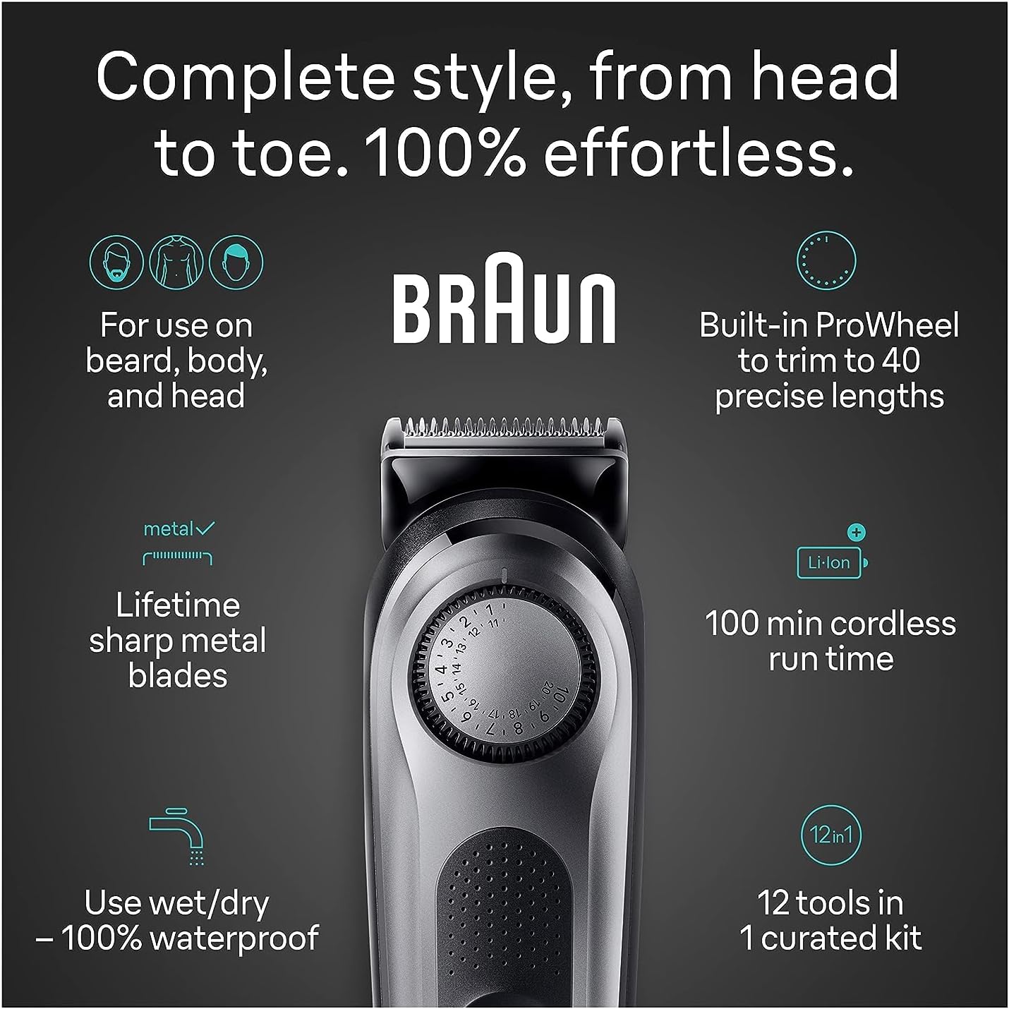 Braun All-in-One Men's Shaving Kit Series 7 7440, 12-in-1 Beard, Face, Nose, Ear Trimmer, Hair Clippers, Body Groomer and Manscaping + Travel Case + Charging Stand