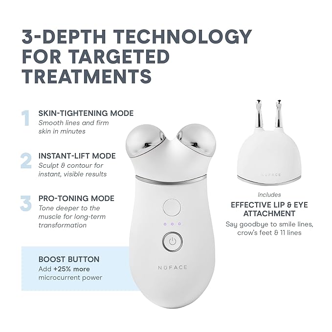 NuFACE TRINITY+ Microcurrent Facial Device + Effective Lip & Eye Attachment - FDA Cleared Skin Tightening & Face Toning Device for Targeted Treatment + Microcurrent Gel Activator, Silk Crème & Brush