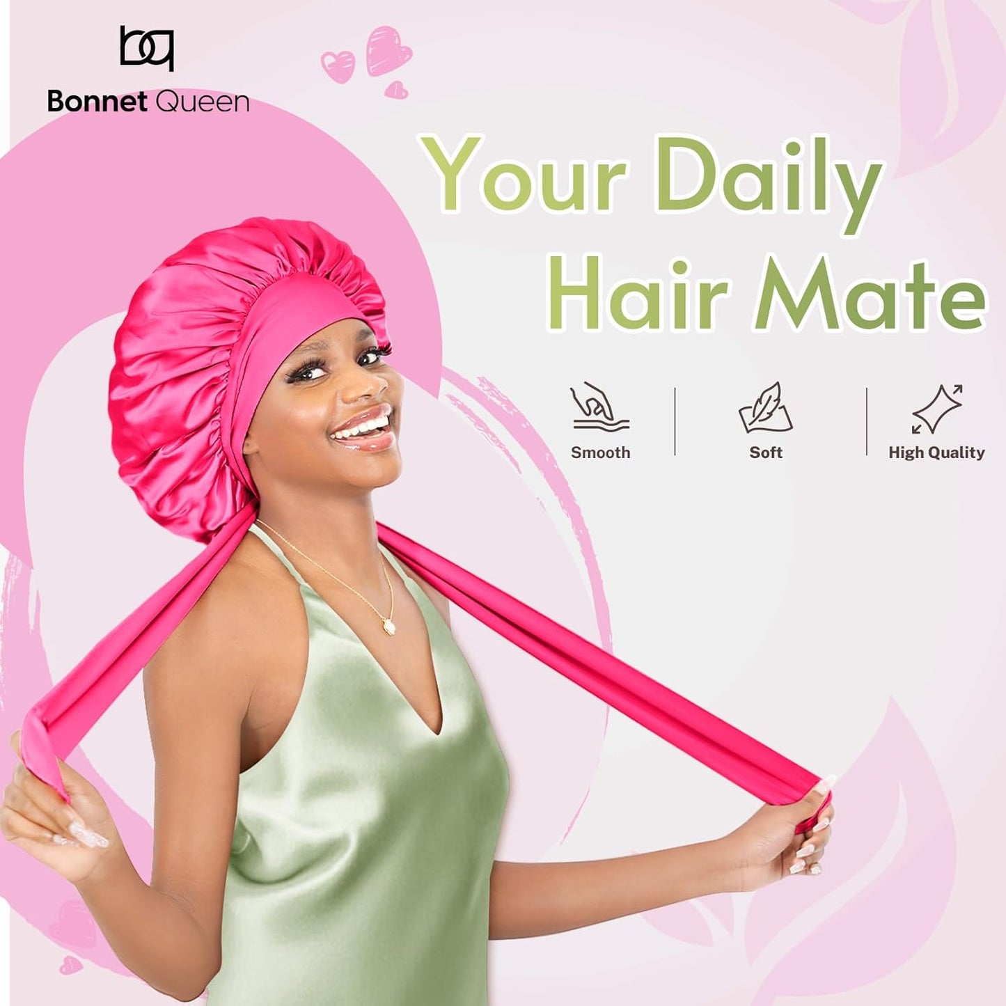 BONNET QUEEN Satin Bonnet Silk Bonnet for Sleeping Hair Bonnet Tie Bonnet for Women with Stretch Band Natural Hair Hot Pink