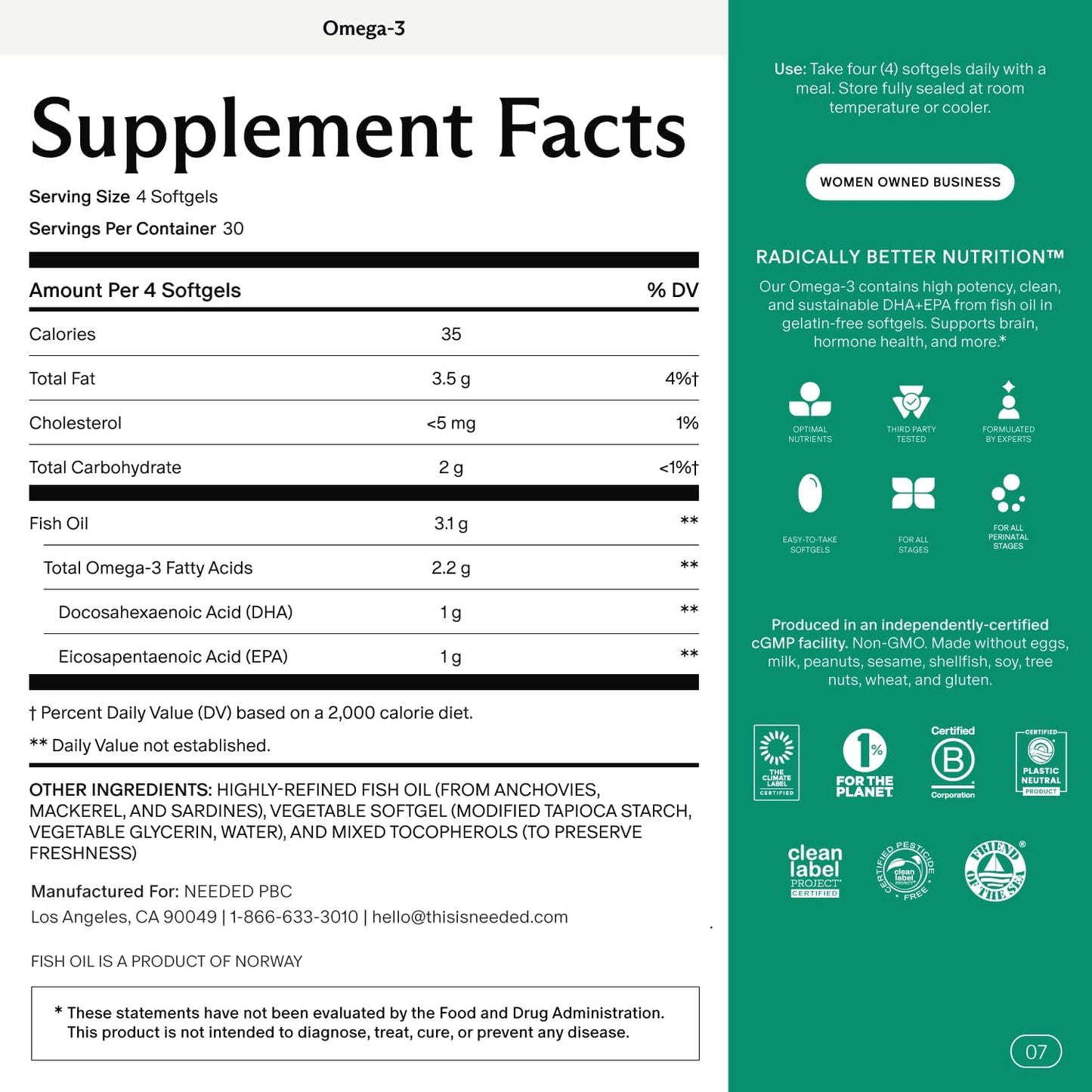 Needed. Prenatal Omega-3 - High Potency Dose of Sustainably Sourced Fish Oil, 1000mg DHA, 1000mg EPA, Encased in a Gelatin-Free, Plant-Based Softgel Shell