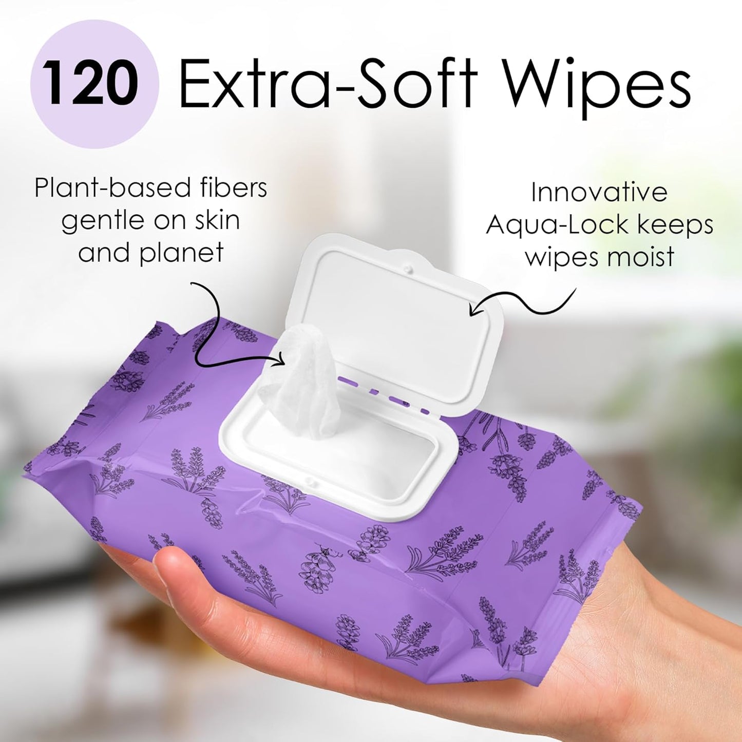 BeautyFrizz Lavender Face Wipes - 120 pcs - Gentle Makeup Remover Wipes for Women - Facial Cleansing Wipe with Aloe, Castor, Vitamin A and E - Extra Soft - Moisturizing