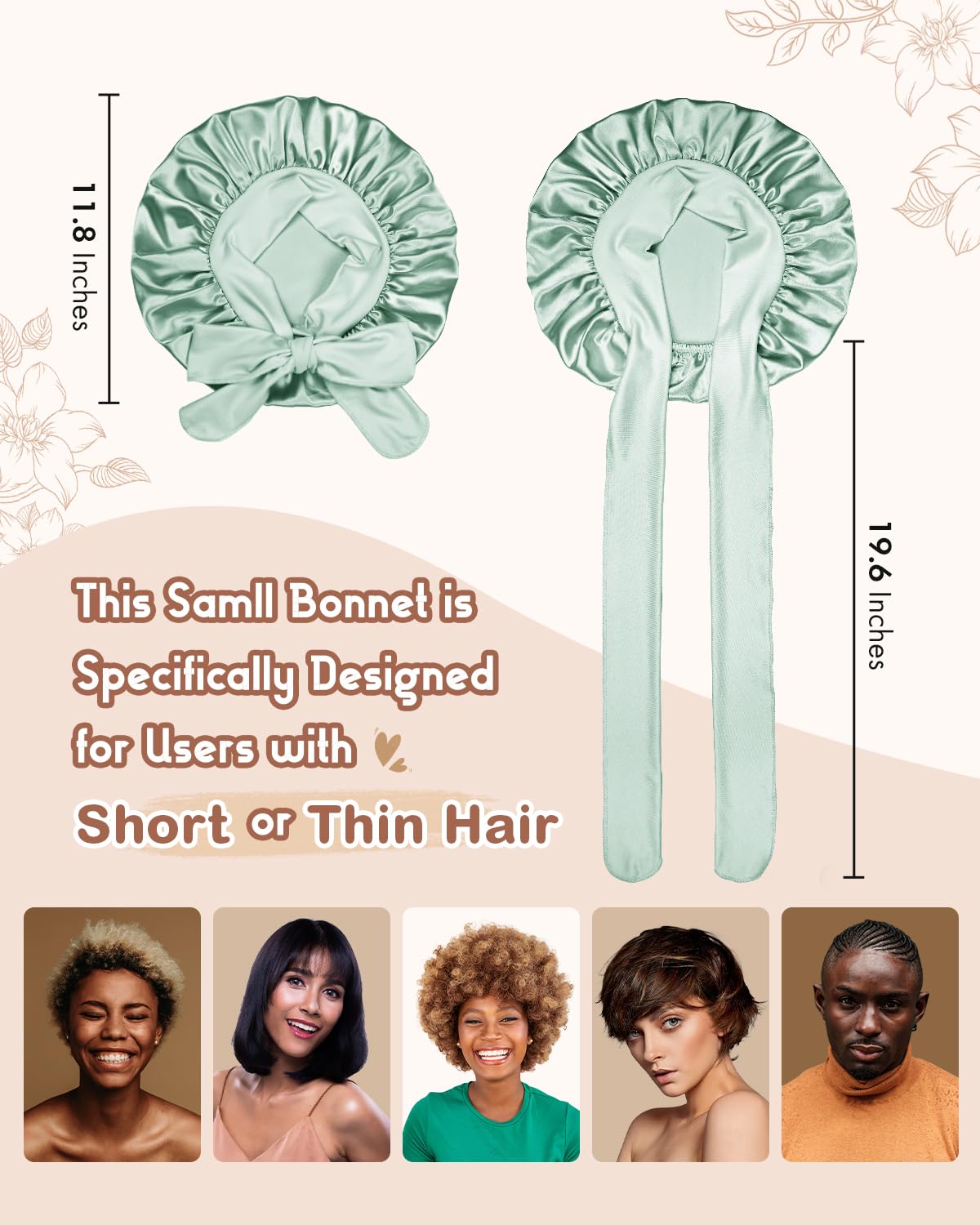 BONNET QUEEN Silk Bonnet for Sleeping Women Satin Bonnet Night Sleep Cap Wrap for Curly Hair with Adjustable Tie Band, Single Layer, Small, Sage