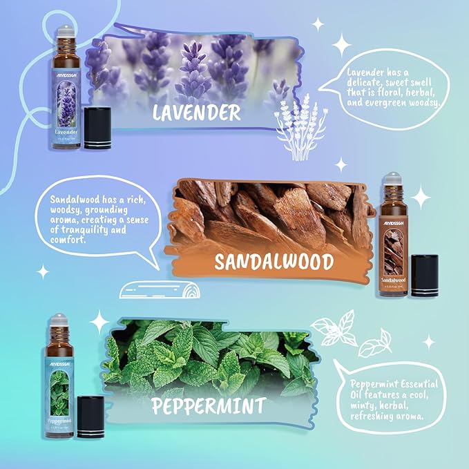 Essential Oils Roll On Gift Set, Natural Aromatherapy Oil Roller for Body, Skin, Massage - Lavender, Peppermint, Frankincense & Myrrh, Eucalyptus, Vanilla, Sandalwood, Gift for Women