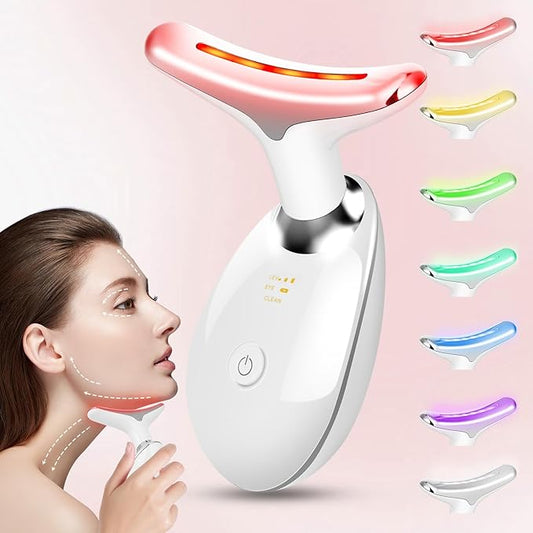 Face Massager Tool, Facial Massager 7 Color, Facial and Neck Massager, Multifunctional Facial Skin Care Tool, Face Neck Massager for Daily Skin Care Routine, White