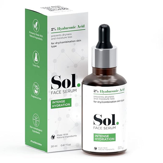 Sol. 2% Hyaluronic Acid Intense Hydration Face Serum, Prevents Dryness & Moisture Loss, Hydrating & Moisturizing, Softens & Smoothens, Non-irritating, White, 20 ml (Pack of 1)