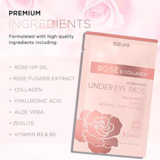 AZURE Rose & Collagen Hydrating Under Eye Pads - Anti Aging, Revitalizing & Moisturizing Eye Mask Patches - Reduces Fine Lines, Wrinkles, Dark Circles & Puffiness - Skin Care Made in Korea - 10 Pairs