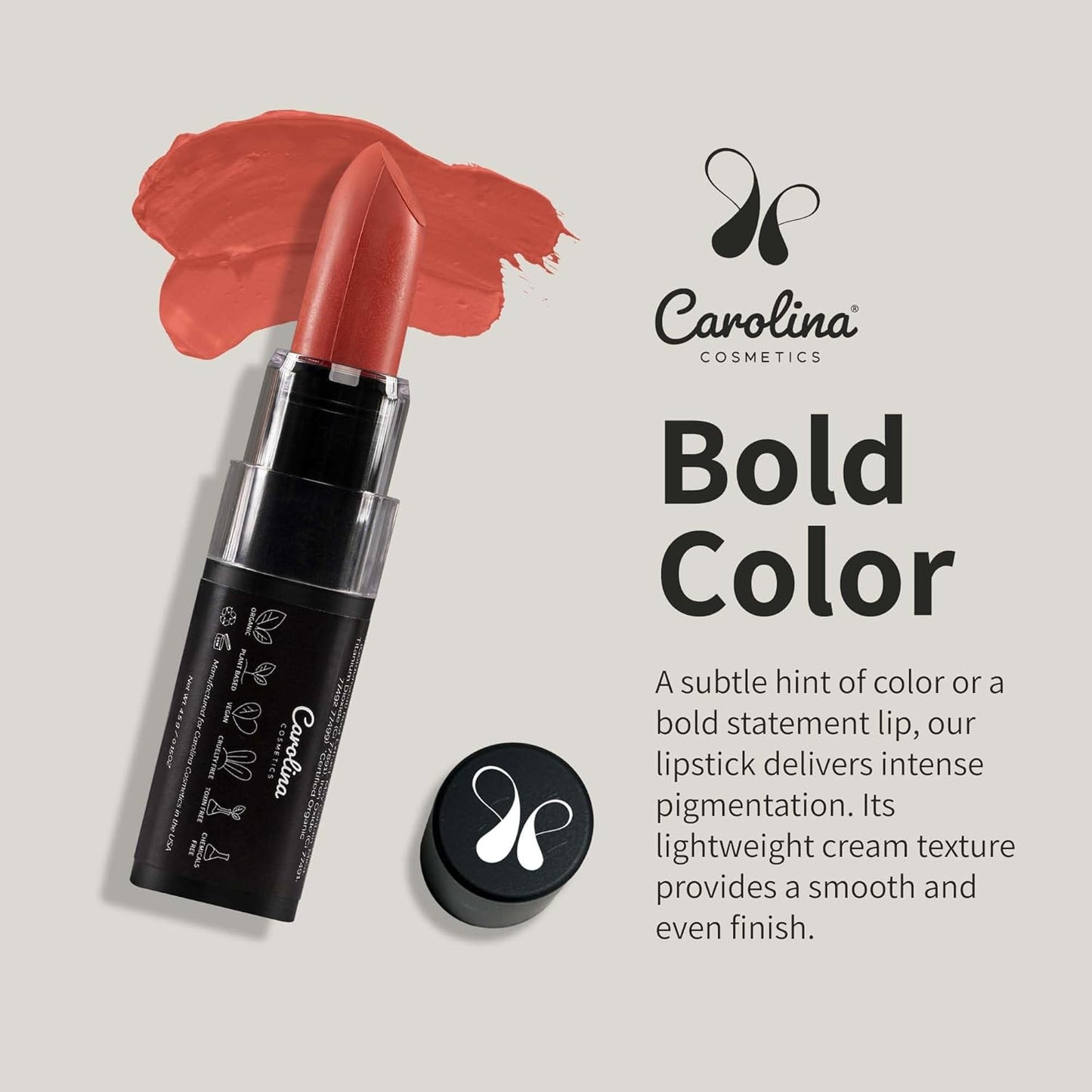 Carolina COSMETICS - Plant-Based Moisturizing Lipstick - Scarlet Shade 0.15oz- Hydrating with Cocoa Oil, Gluten-Free, Vegan, Non-GMO, Paraben-Free - Lightweight Cream Texture