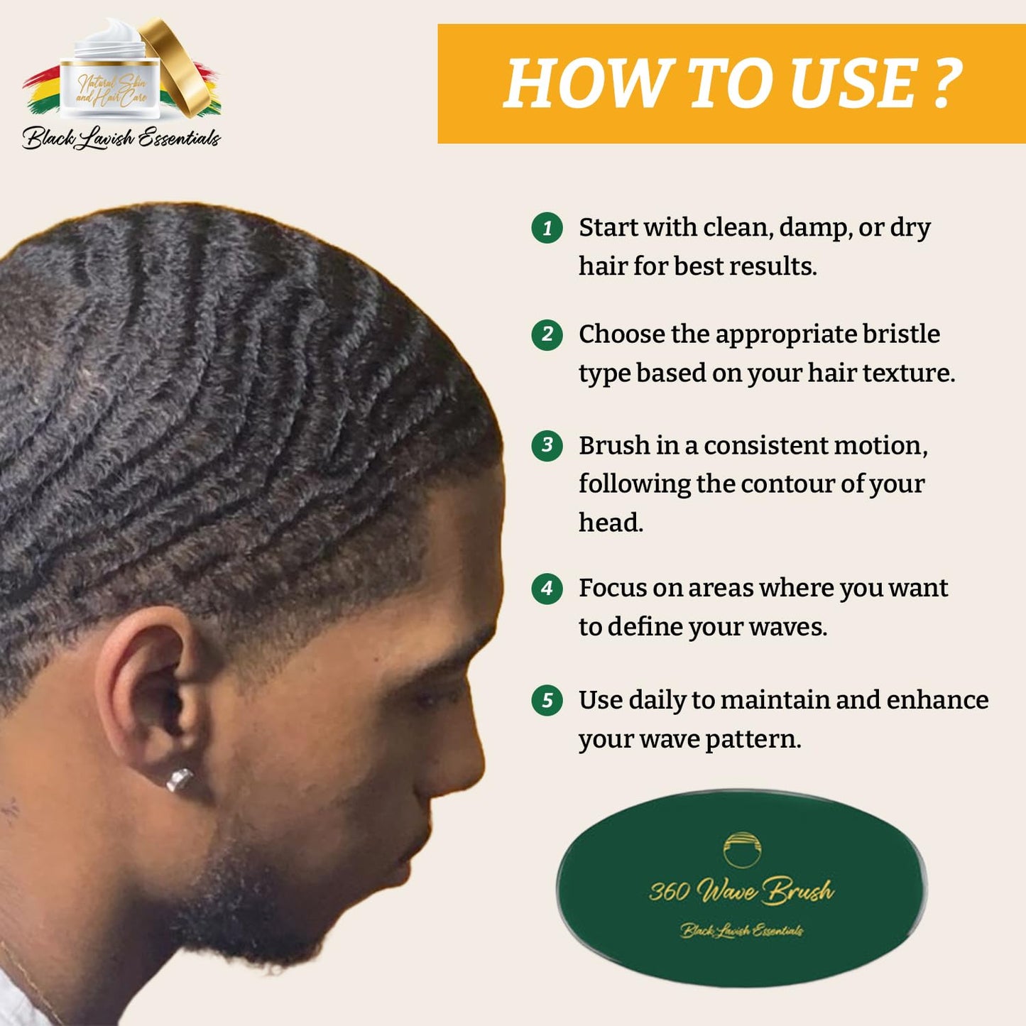 360 Wave Brush, Build Deeper Waves, Soft & Hard Boar Bristle Curved Brush, Black Lavish Essentials Signature (Emerald Green, Medium-Hard)