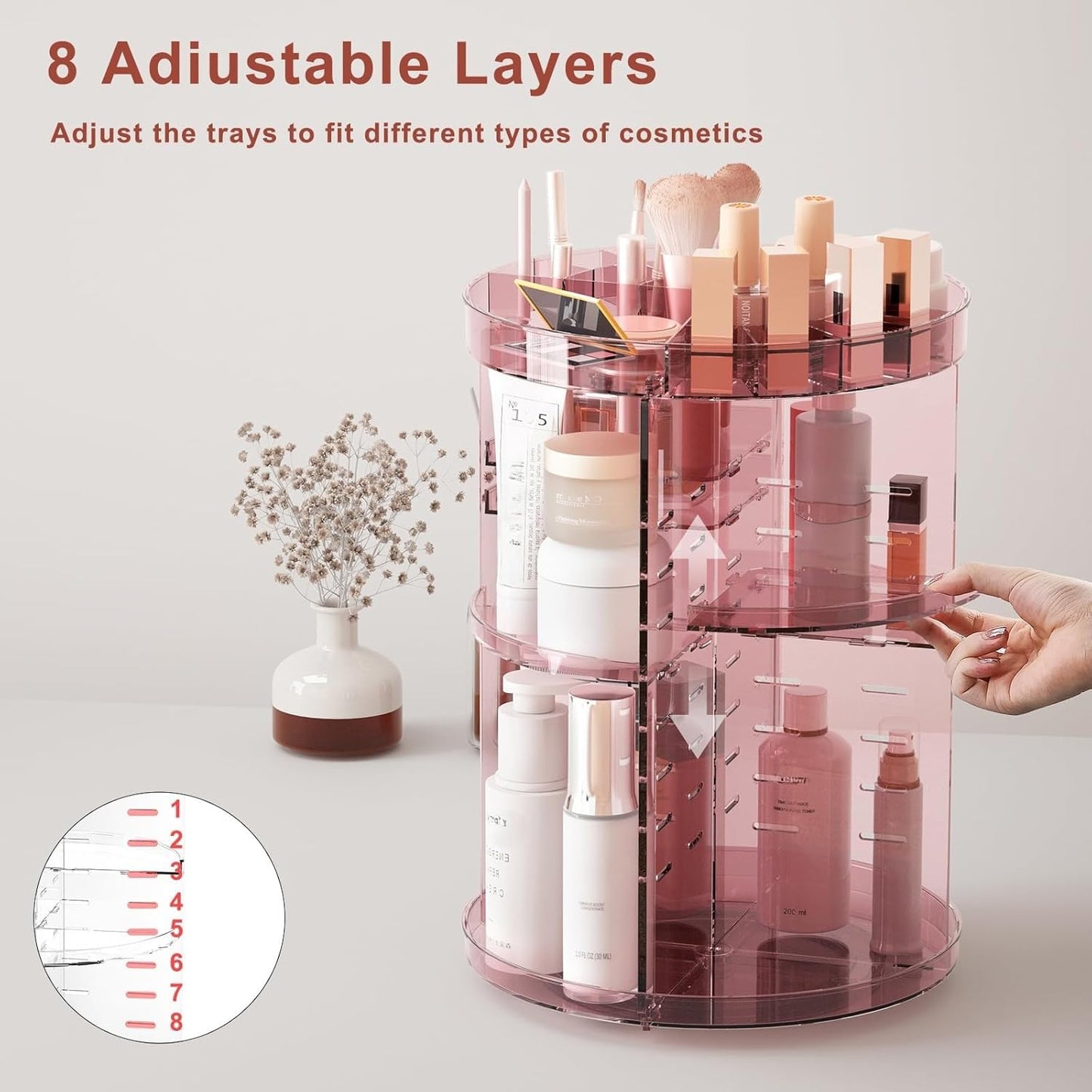 360 Rotating Makeup Organizer with Lipstick Slots, 8 Adjustable Layers Spinning Skincare Organizers, Large Capacity Desk Storage, Carousel Cosmetic Shelf for Vanity Bathroom Countertop