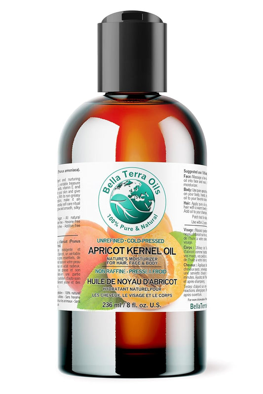 Bella Terra Oils - Organic Apricot Seed Oil 8 oz - Embrace the Bitter Organic Apricot Kernels Richness, Vitamin-Enriched, Perfect for Soothing & Moisturizing Skin