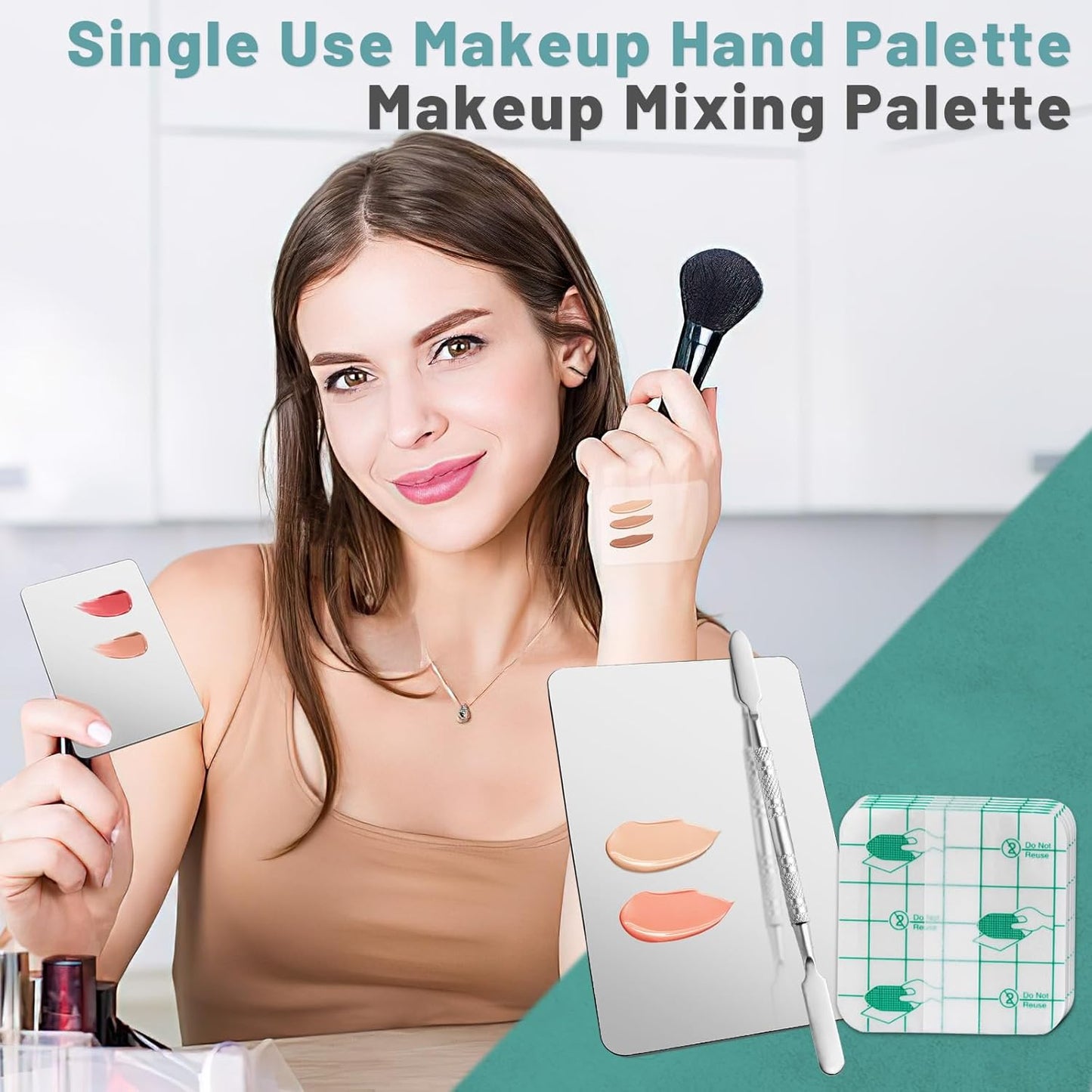 Makeup Mixing Palette Set Includes Make Up Spatula, 100 Pieces of Makeup Hand Palette Single Use Cosmetic Tape, Foundation Palettes with Finger Ring on The Back for Make Up Artist