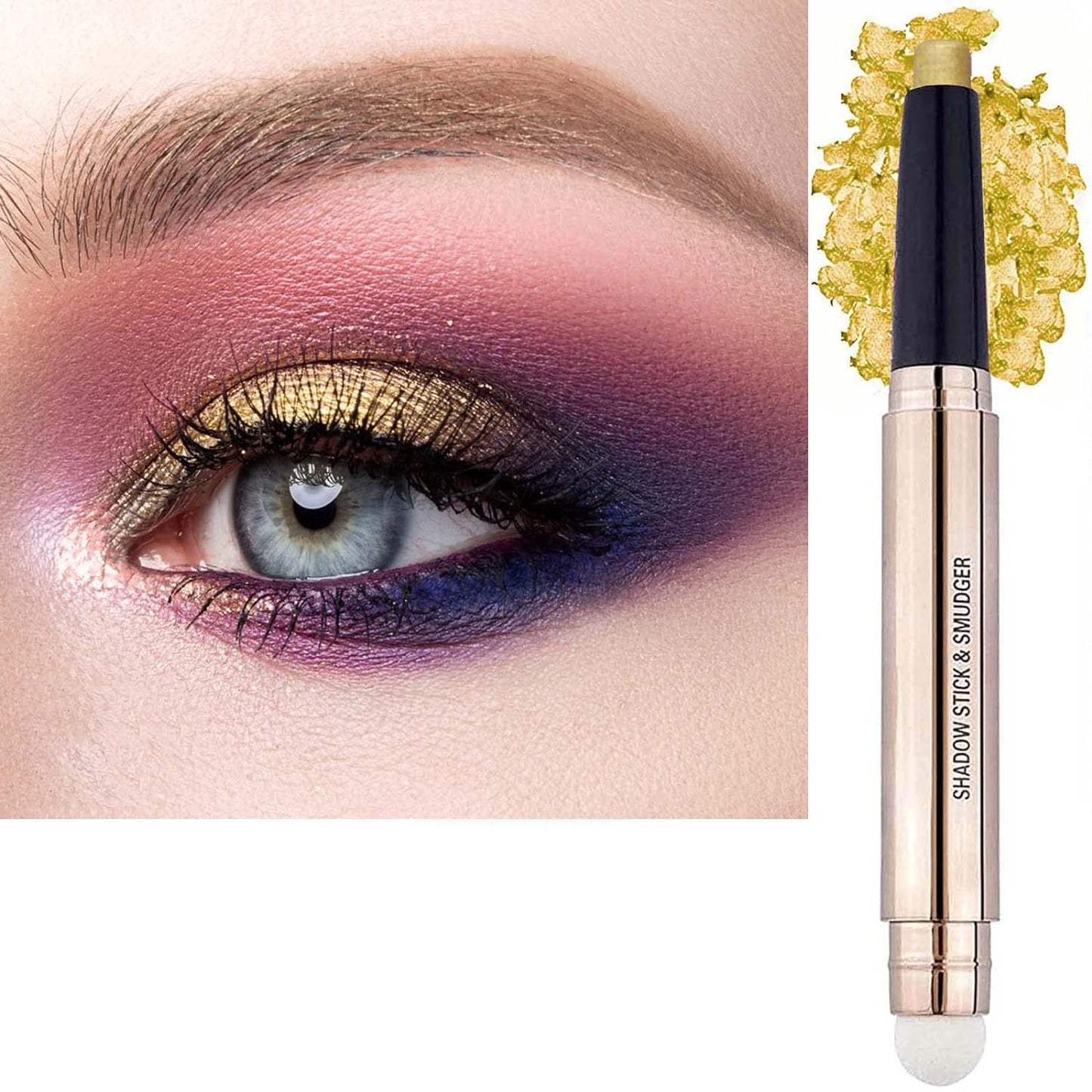 2 in1 Gold Copper Eyeshadow Stick and Sponge Makeup Brush Smooth Creamy Shimmer Eye Shadow Pen Long Lasting Waterproof Eyeshadow Highlighter Stick Makeup, Hypoallergenic Highlighter Eyeliner