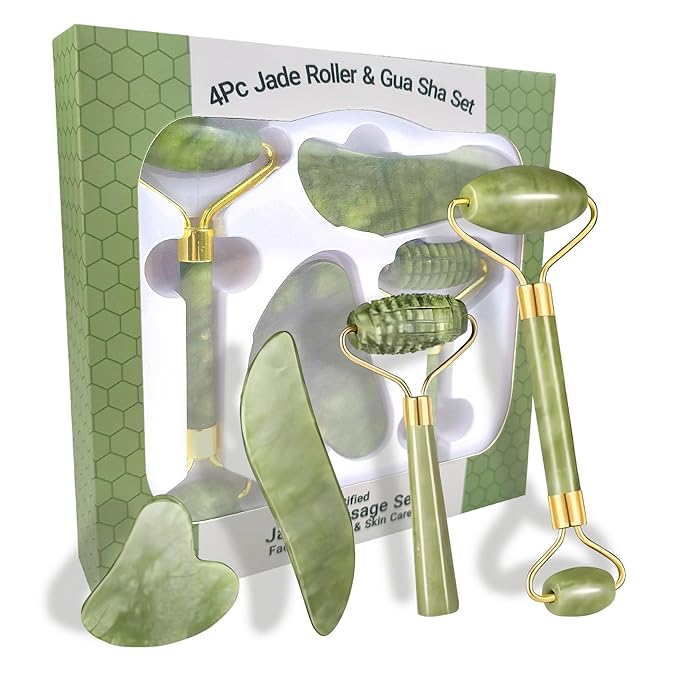 4-Piece Set Jade Roller and Gua Sha Set, Face Massager for Anti-Aging, Slimming, Firming / Facial Roller Massager with Gua Sha Shaping Tools / Removes Wrinkles and Eye Puffiness / Gift Set