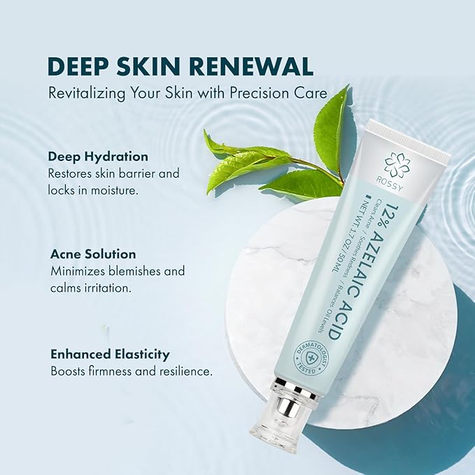 Rossy Azelaic Acid 12% Acne Cream: Advanced Redness Facial Cream - Prevents Acne Breakouts and Clears Pores for Daily Skincare - Anti-Blemish for Men and Women 50 ML