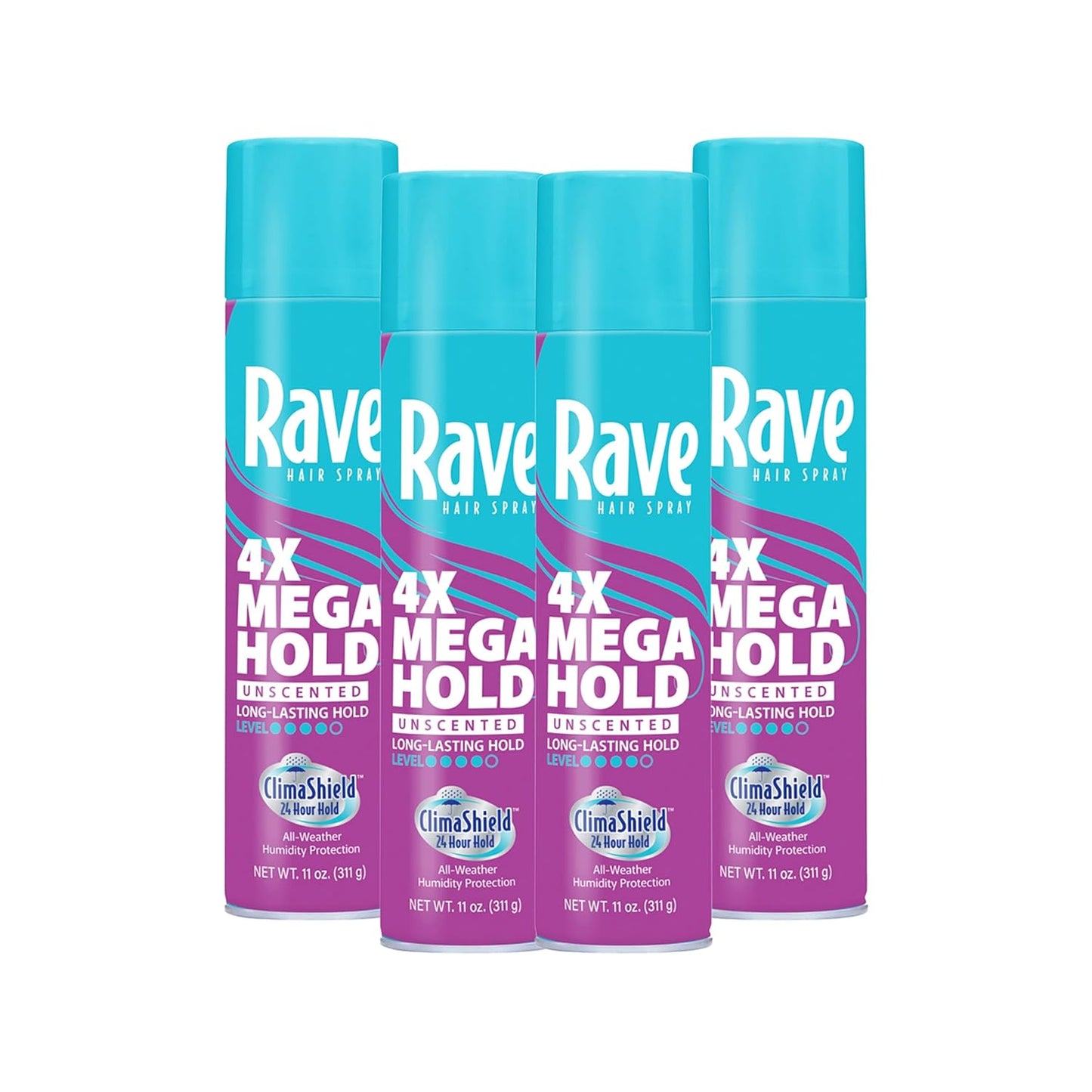 Rave 4X Mega Unscented Aerosol Hairspray - Hair Spray for High Humidity Weather - 24-Hour Lasting Hold - Vitamin-Enhanced Hair Volume Spray - 4 pc