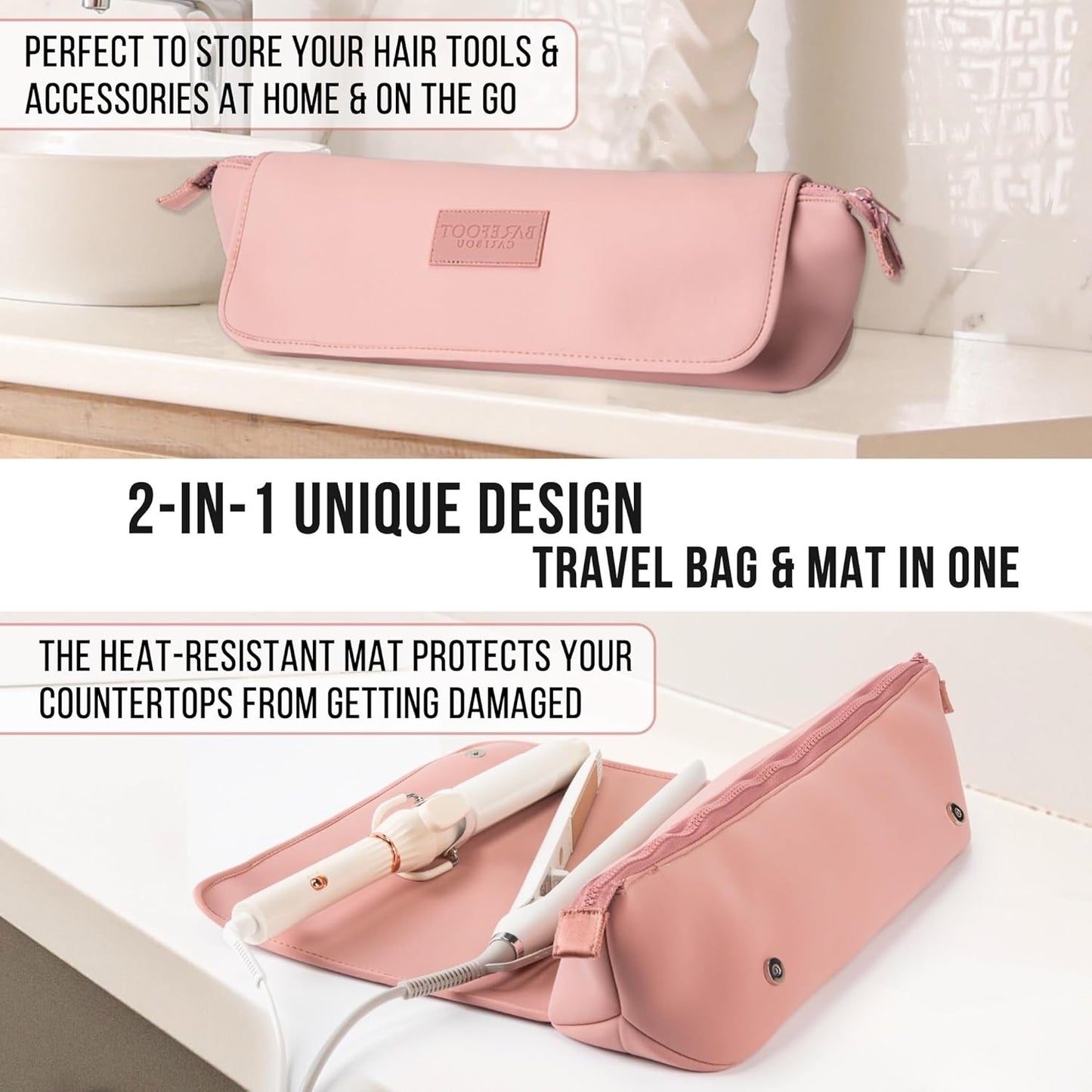 BAREFOOT CARIBOU Hair Tools Travel Bag and Heat Resistant Mat for Flat Irons, Straighteners, Curling Iron, and Haircare Accessories, 2-in-1 design, with Interior Pockets, Portable Organizer