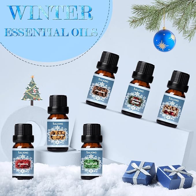 SALKING Winter Set of Scented Oils, Premium Fragrance Essential Oils Gift Set for Diffuser, Soap & Candle Making Scents - Cinnamon, Christmas Wreath, Sugar Cookie, Cranberry, Peppermint, Gingerbread
