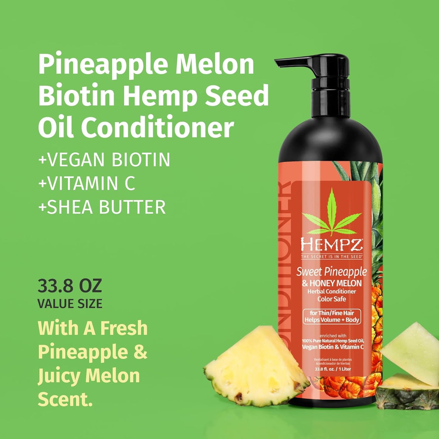 Hempz Biotin Conditioner - Sweet Pineapple & Honey Melon - For Thin/Fine Hair Growth & Strengthening of Dry, Damaged and Color Treated Hair, Hydrating, Softening, Moisturizing - 33.8 Fl OZ