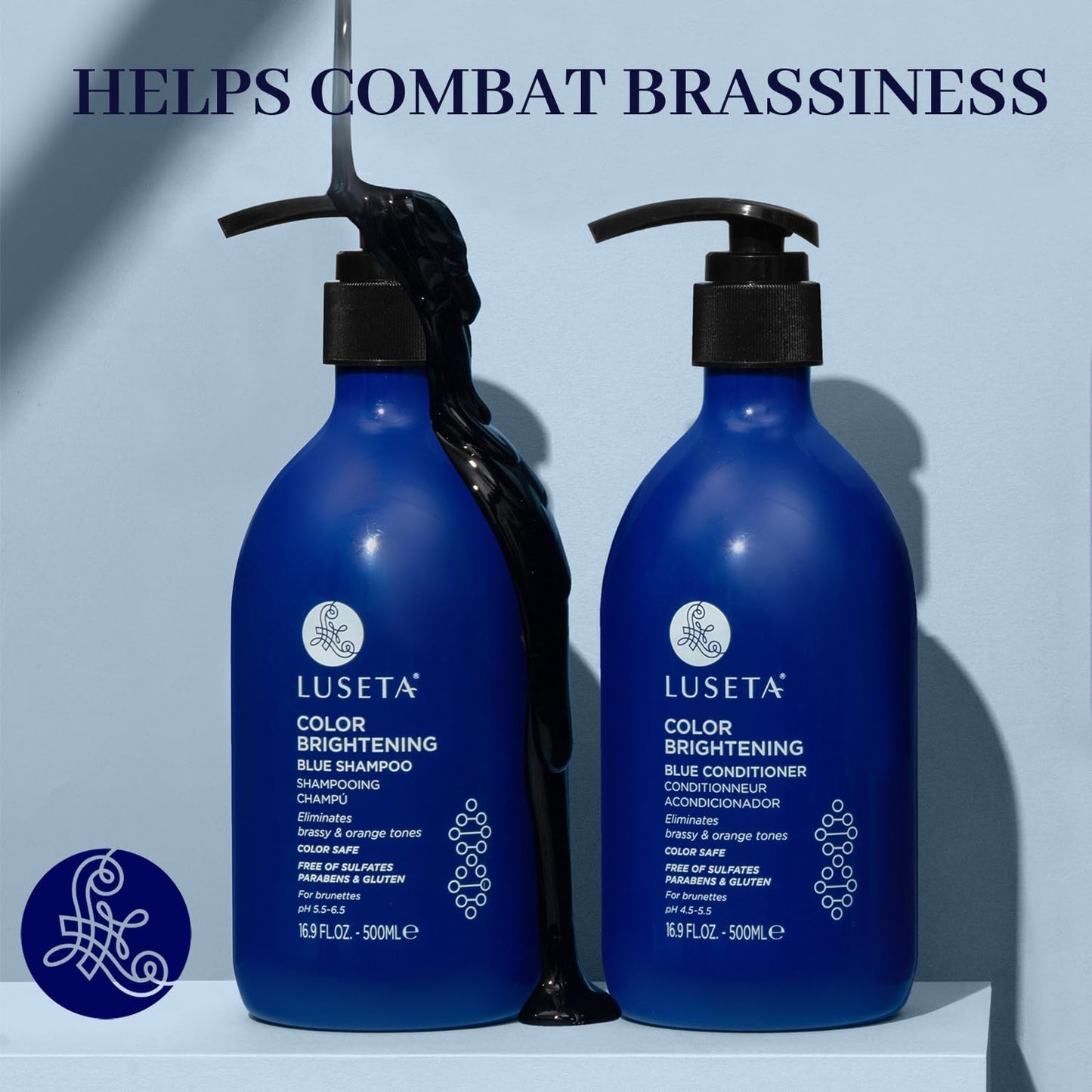 Luseta Blue Shampoo for Brassy Hair and Brunettes, Level Up Tones Down Orange & Copper Hues, Blue Shampoo and Conditioner for Color Treated Hair, Targets Brassy and Refresh cool-toned colors 2x16.9oz
