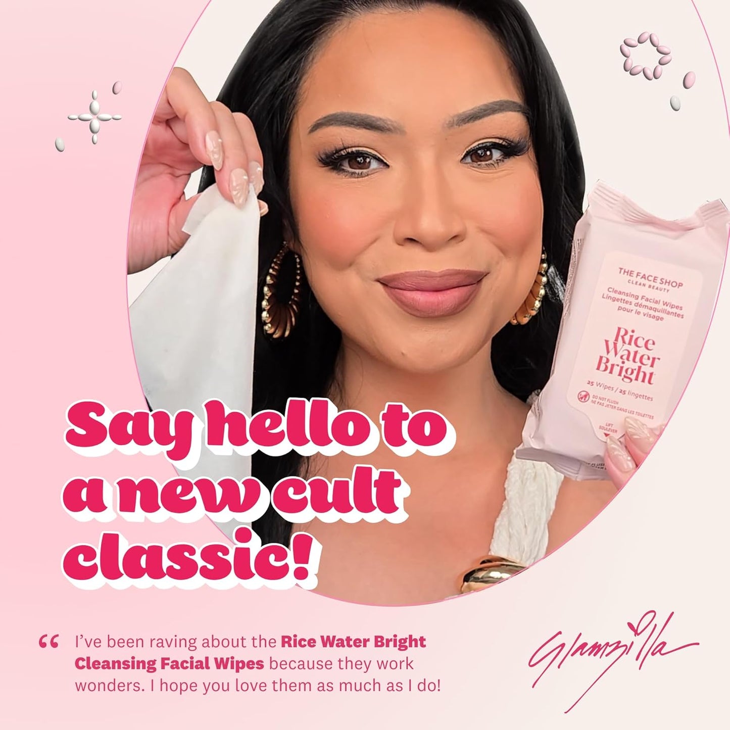 THE FACE SHOP X GLAMZILLA Rice Water Bright Cleansing Wipes On-the-Go Bundle for Face, Moisturizing, Infused with Rice Extract, Cleansing Facial Wipes, 25 Count (Pack of 3)