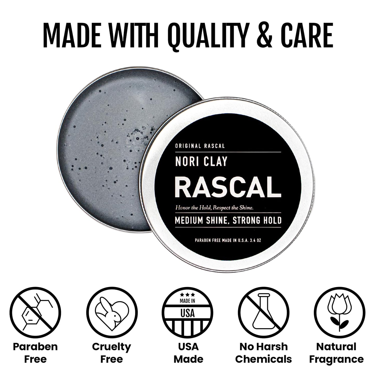Rascal Nori Clay - Hair Styling Clay for Medium Shine & Strong Hold, Cruelty-Free, Paraben-Free, Made in USA, Ideal for All Hair Types, Made with Charcoal Powder, Aloe Leaf Juice, & Beeswax - 3.4 Oz