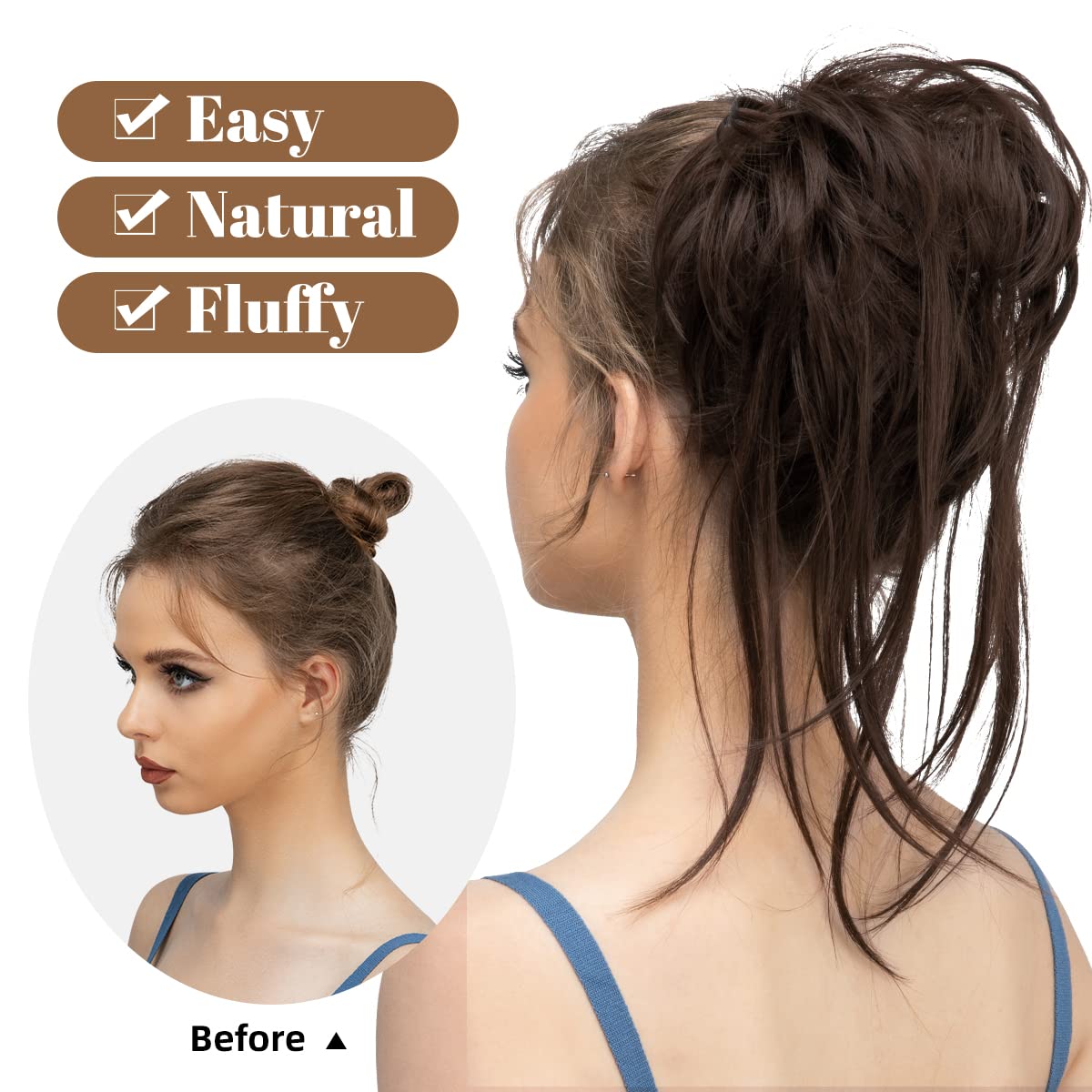 CJL HAIR Messy Bun Hair Piece Curly Hair Bun Extensions with Straight Tails Synthetic Hair Scrunchies Ponytail Hairpieces for Women Dark Brown