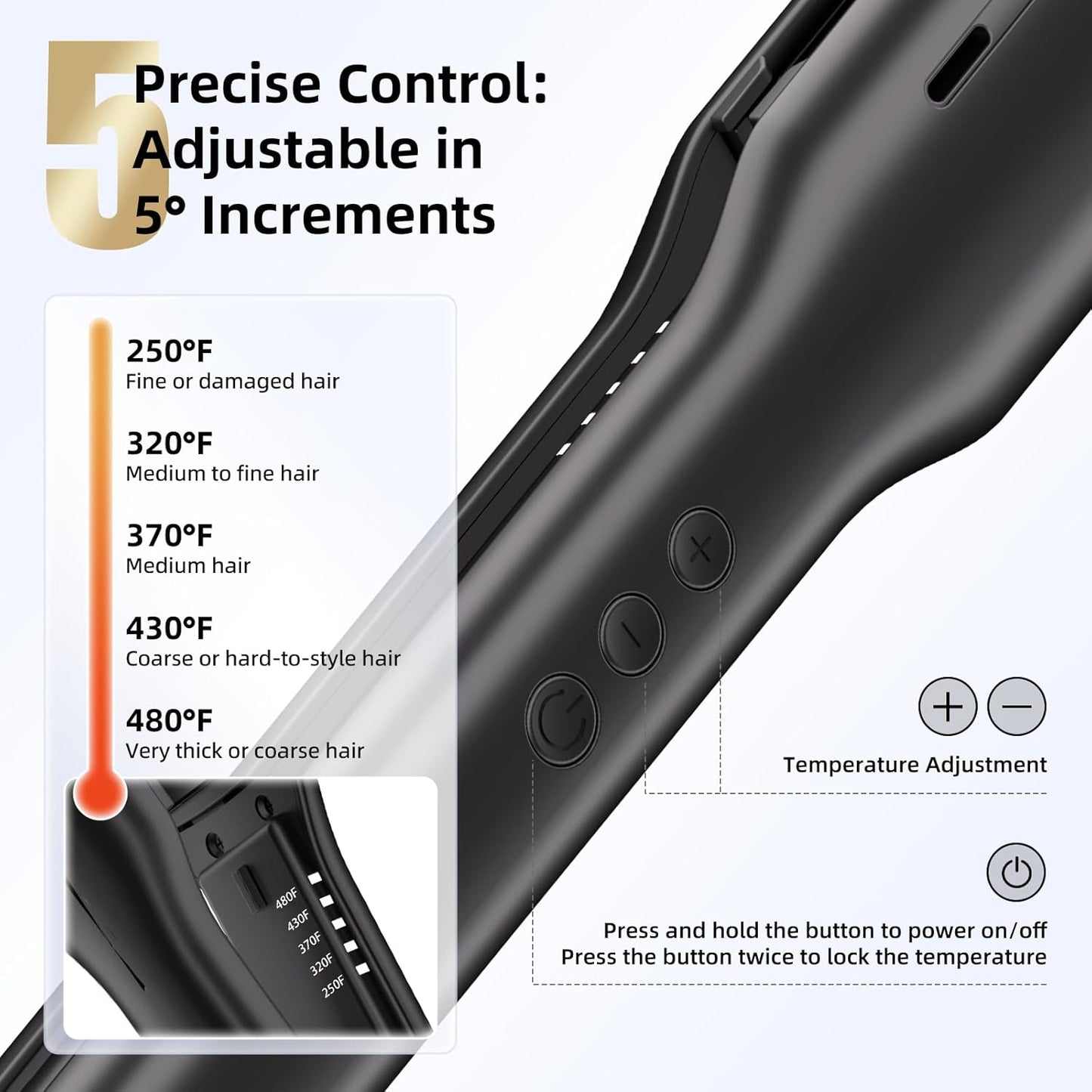 Flat Iron Hair Straightener 1.5 Inch - for Black Thick Hair, Anti Static Frizz Free, 250-480°F Adjustable Temp, Dual Voltage Travel Friendly