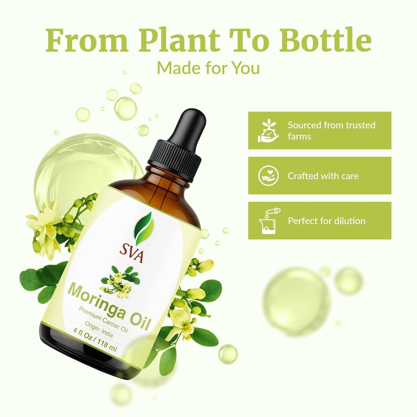 SVA Moringa Seed Oil - 4 Fl Oz – 100% Natural Cold Pressed Moringa Oil - for Face, Skin Care, Hair Care, Scalp Massage & Body Massage – Carrier Oil with Dropper