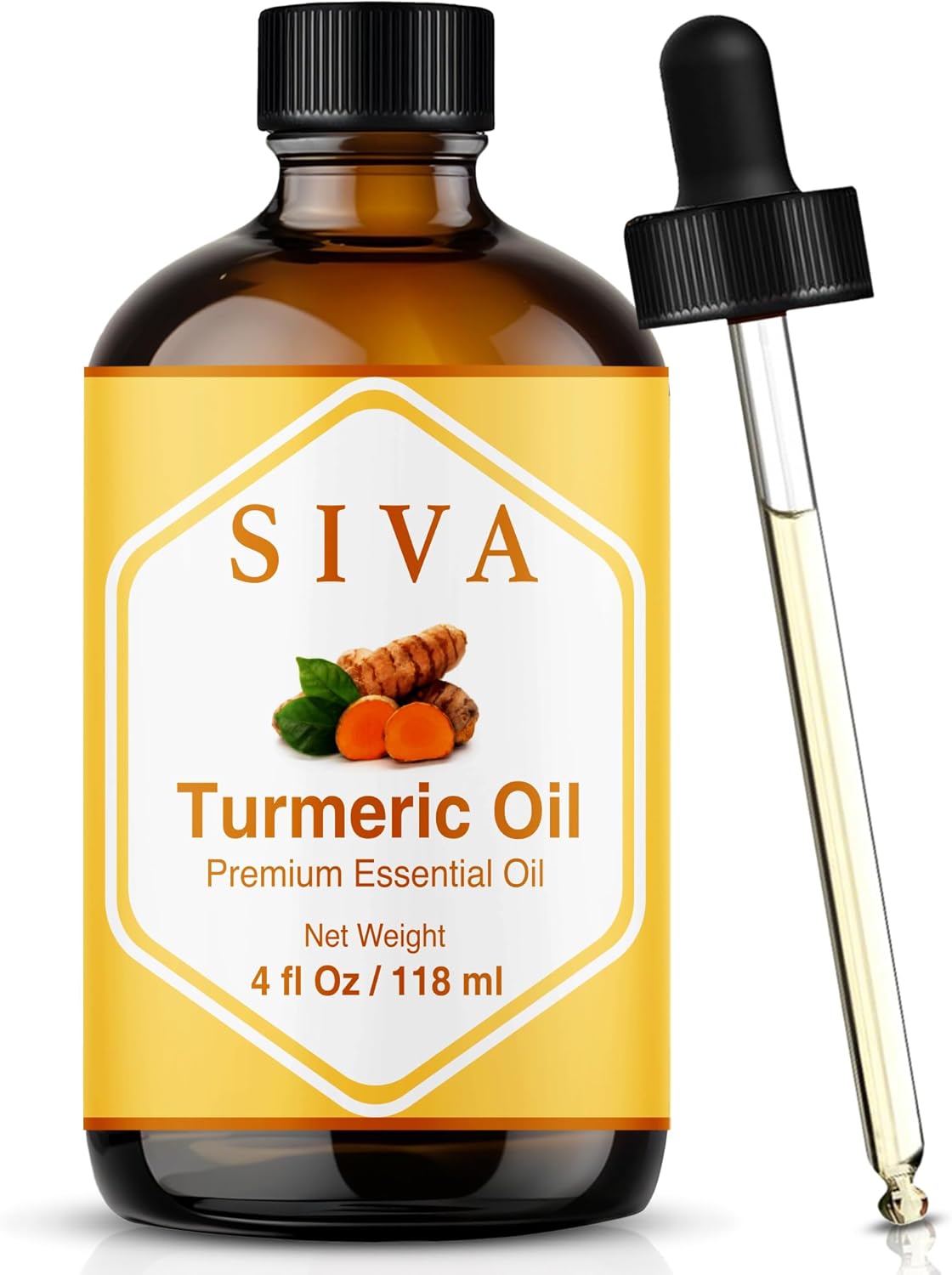 Siva Turmeric Essential Oil - 4 Fl Oz – 100% Natural Turmeric Oil - for Diffuser, Face, Skin Care, Aromatherapy, Hair Care, Scalp and Body Massage - with Dropper