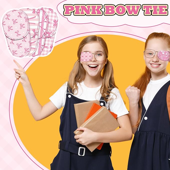 Newcotte 12 Pcs Eye Patch for Kids Toddler Reusable Adjustable Girls Boys Eyepatch for Glasses Left or Right Eye Patch, Assorted Patterns (Pink Coquette Bow)