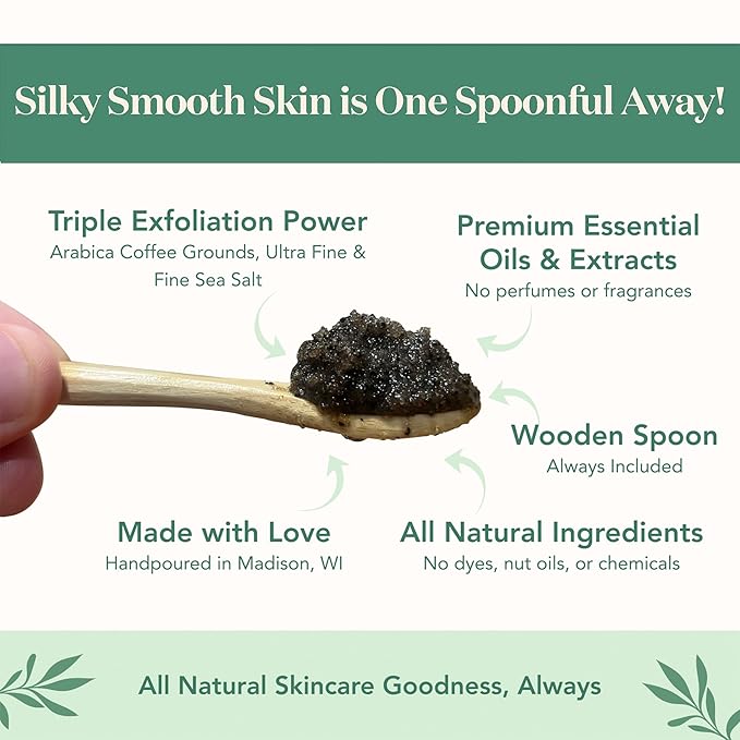 Bare Botanics Coconut Coffee Body Scrub 24oz | Made in Madison, WI | All Natural Sea Salt Exfoliator w/ Skin Loving Moisturizers | Vegan & Cruelty Free | Gift Ready Packaging w/ a Cute Wooden Spoon