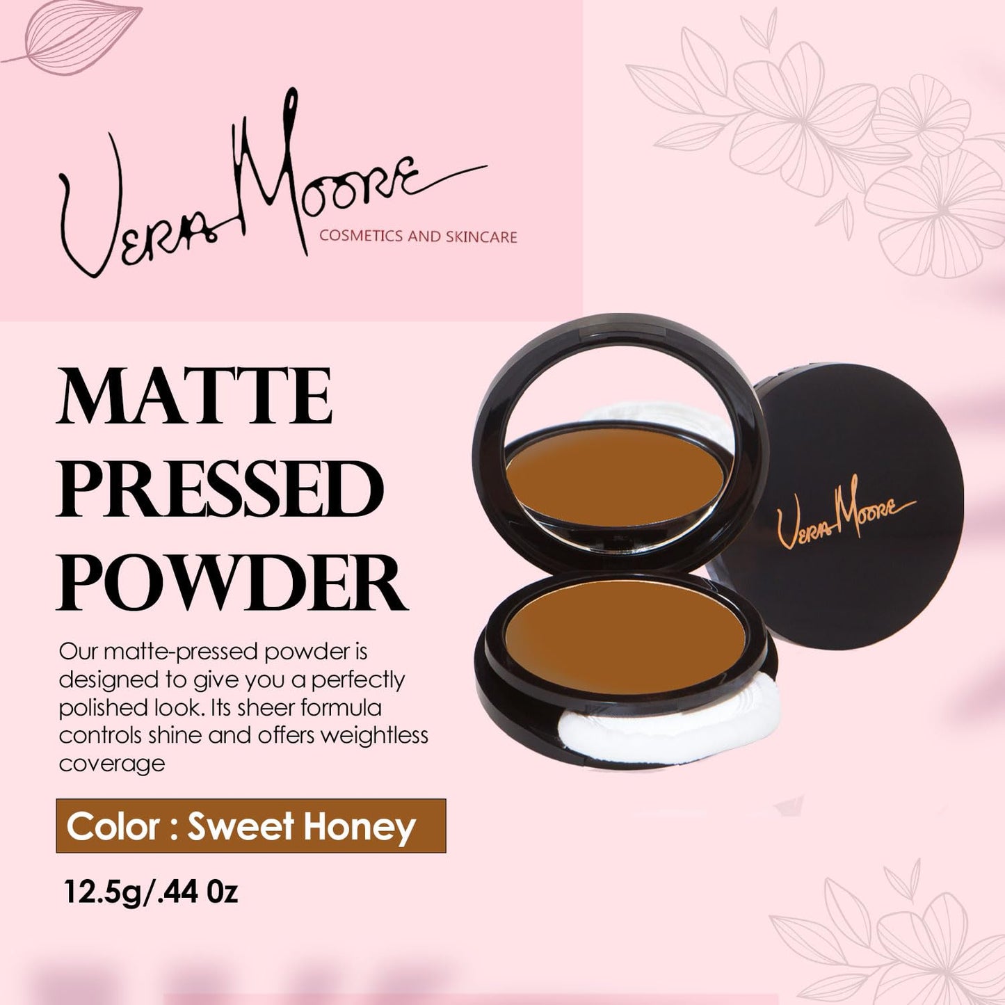 Vera Moore Matte Pressed Powder, Makeup Setting Compact Powder, Face Powder for Full Coverage with Flawless Finish, Shine, Matte Finish for All Skin Types (Sweet Honey, 12.5g)