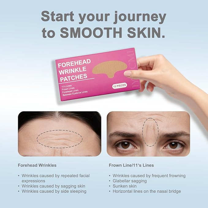 Forehead Wrinkle Patches, 15 PCS Face Tape for Wrinkles, Kinesiology Tape for Face, Facial Myofascial Lift Tape for Frown 11's Lines, Fine Lines Between Eyebrow Wrinkle Patches