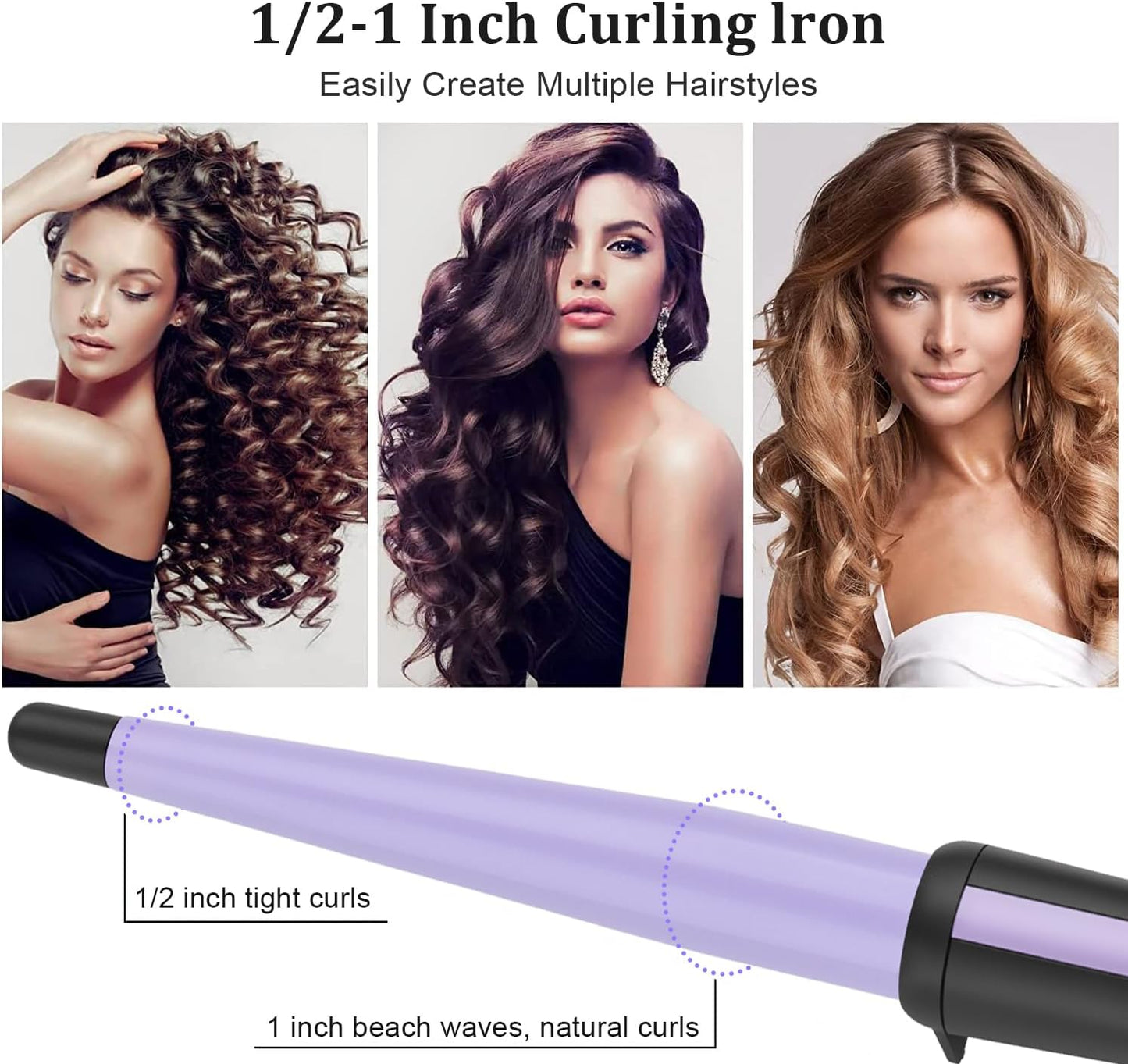 Hair Curling Iron, Tapered Curling Wand, Professional 0.5-1Inch Ceramic Hair Curler Wand with Heat-Resistant Glove, Dual Voltage