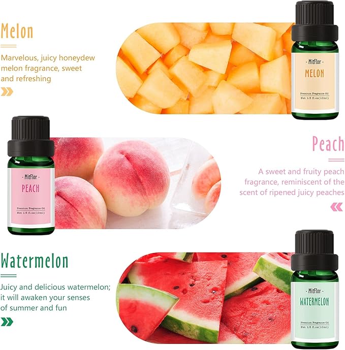 Fragrance Oil, MitFlor Premium Fruit Essential Oils Set, Fruity Scents for Soap & Candle Making, Summer Diffuser Oils, Refreshing & Long-Lasting, Peach, Cherry, Watermelon, Blueberry, Grape, Melon