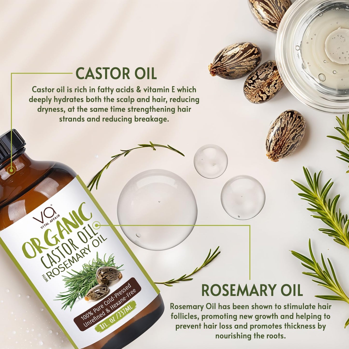 VITAL AFFAIR Organic Castor Oil With Rosemary Oil For Hair Growth - 100% Pure Rosemary Hair Oil With Pure Castor Oil Cold Pressed Unrefined Glass Bottle - Strengthening & Volumizing 8 Fl Oz