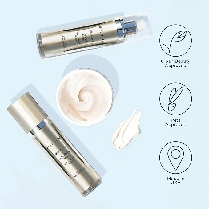 SKINN Neck Amour Defining Serum - Anti-Aging Neck Firming & Tightening Cream - Hydrating & Brightening Peptides Exfoliates Lifts & Firms Skin for Radiant Complexion - Enriched with Rice Protein