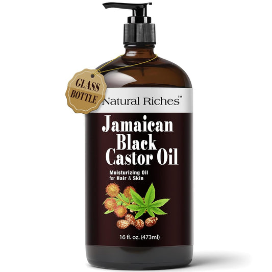 Natural Riches Jamaican Black Castor Oil Glass Bottle Pure Organic Cold Pressed for Hair Growth Skin Care for Dry Skin Conditioning Eyebrows Eyelashes Scalp and Nail Moisturizes & Repairs 16fl.oz.