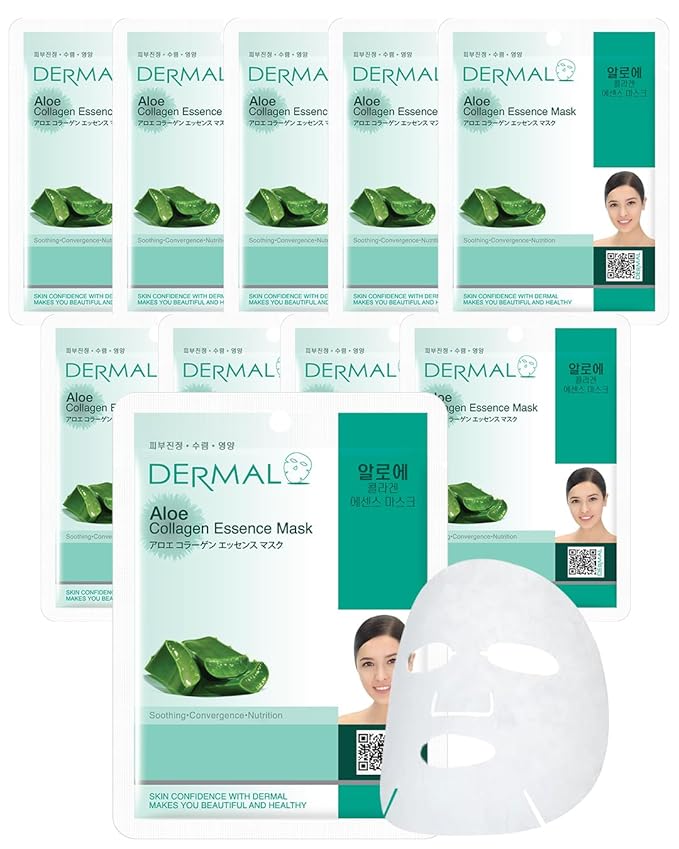 DERMAL Aloe Collagen Essence Facial Mask Sheet 23g Pack of 10 - Skin Revitalizing & Soothing, Refreshing and Moisturizing, Sunburn Relief, Daily Skin Treatment Solution Sheet Mask