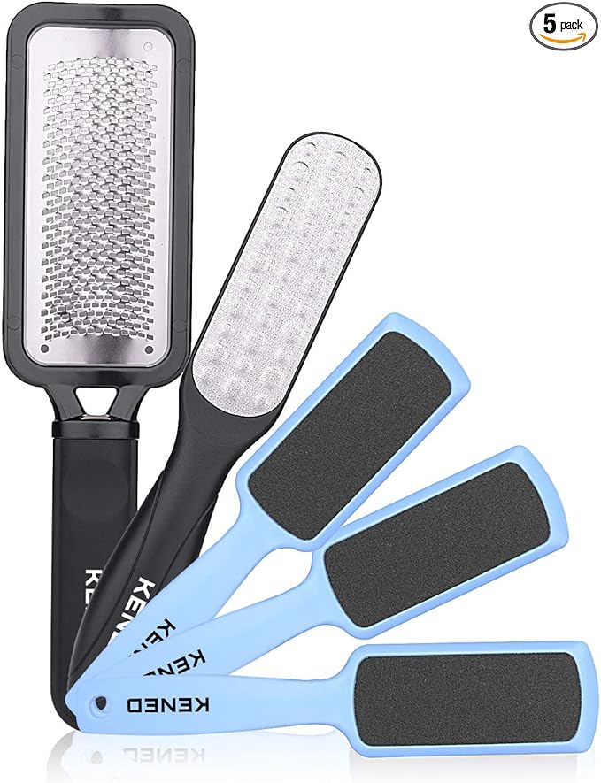 Foot Scrubber Pedicure Tools Rasp - 5 PCS KENED Foot File Callus Remover for Feet to Remove Hard Skin - 2 X Stainless Steel Black, 3 X Plastic Blue