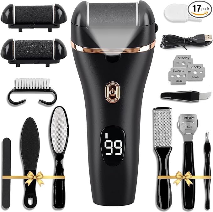 Electric Foot Scrubber, 17-in-1 Pedicure Kit, Callus Remover for Feet Electric Foot File for Dry Dead Skin, 3 Rollers, Battery Display, Black