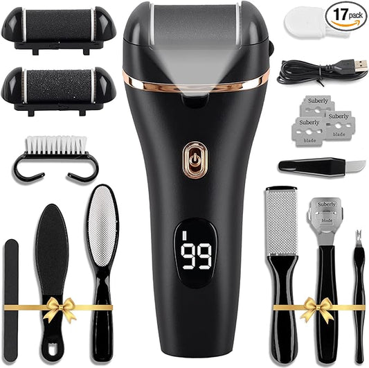 Electric Foot Scrubber, 17-in-1 Pedicure Kit, Callus Remover for Feet Electric Foot File for Dry Dead Skin, 3 Rollers, Battery Display, Black