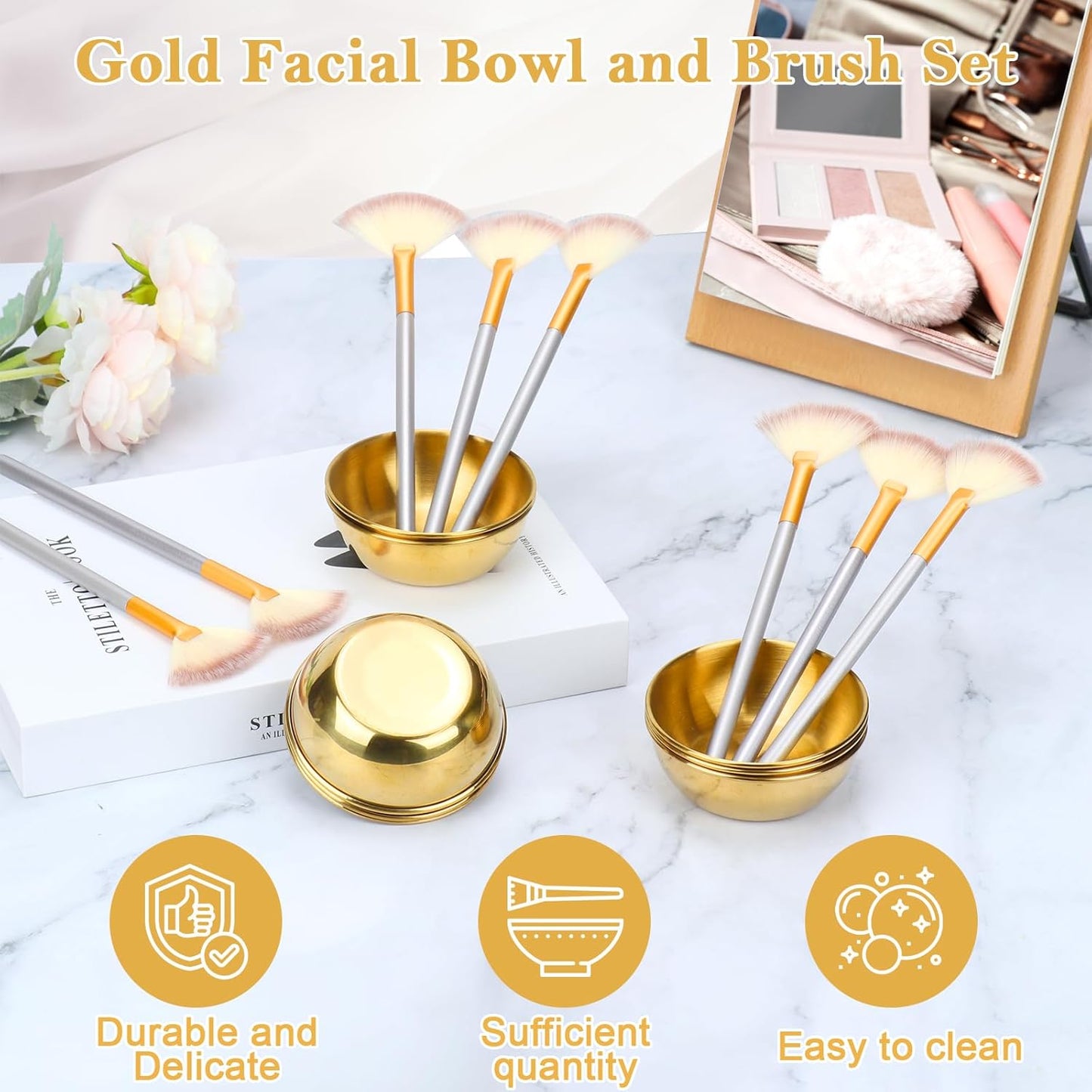 8 Pcs Gold Facial Bowl and Brush Set 4 Gold Stainless Steel Mixing Bowls 4 Facial Fan Brushes Esthetician Face Mask Brush for Mud Cream Makeup Spa Salon (8 Pcs)