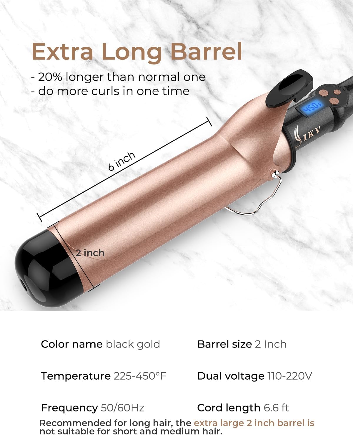 2 Inch Curling Iron Extra Long Barrel for Long Hair, Large Barrel Curling Wand Ceramic Tourmaline with LCD Display,10 Temps, Dual Voltage