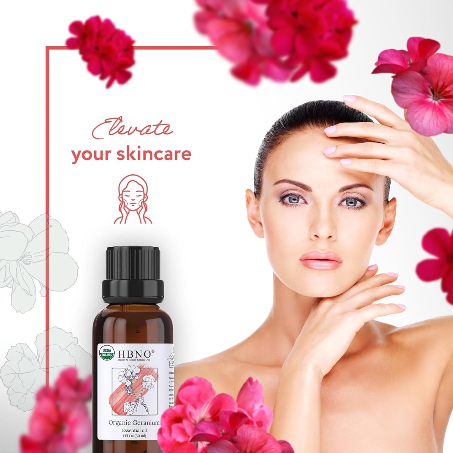 HBNO Organic Geranium Essential Oil - 1 oz (30ml) - USDA Certified Organic Geranium Essential Oil for Aromatherapy, Soap Making, DIY, Fragrances, Diffuser.