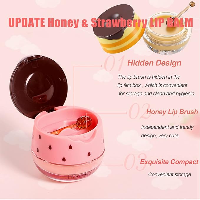 4 Pack Strawberry Lip Mask Bee Lip Balm Strawberry Pot Propolis Moisturizing Hydrating Lip Sleeping Mask Prevention Dry and Cracked Lip Scrubs Exfoliator (4-Strawberry)