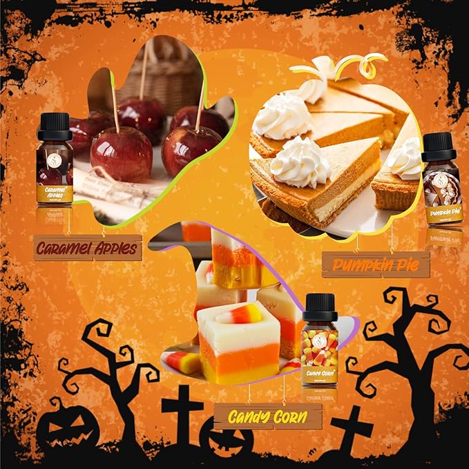 Halloween Essential Oils Set, Fragrance Oil Gift Set for Oil Diffusers, Scented Oils 6x10ml - Caramel Apples, Pumpkin Pie, Candy Corn, Halloween Cookies, Chocolate Bars, Popcorn Balls