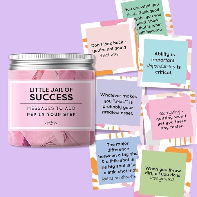Success Jar filled with Uplifting Positive Message Quote Cards, Keepsake Gift for Girls, Women, Affirmation Cards for Encouragement and Motivation with Unique Gift Box