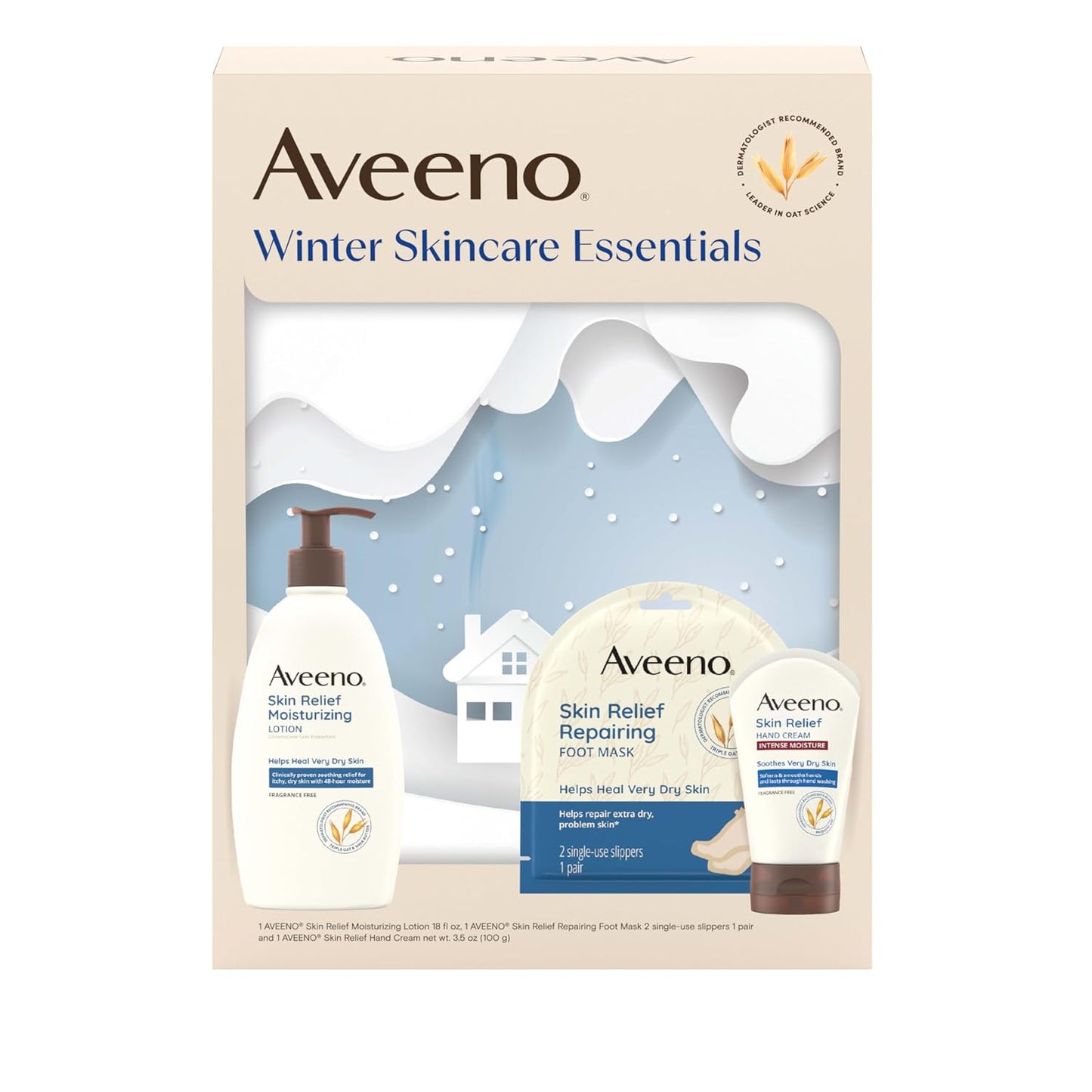 Aveeno Winter Skincare Essential Gift Set with Skin Relief Moisturizing Lotion, Skin Relief Repairing Foot Mask, & Skin Relief Hand Cream for Nourishing Dry Winter Skin Care, 3 items